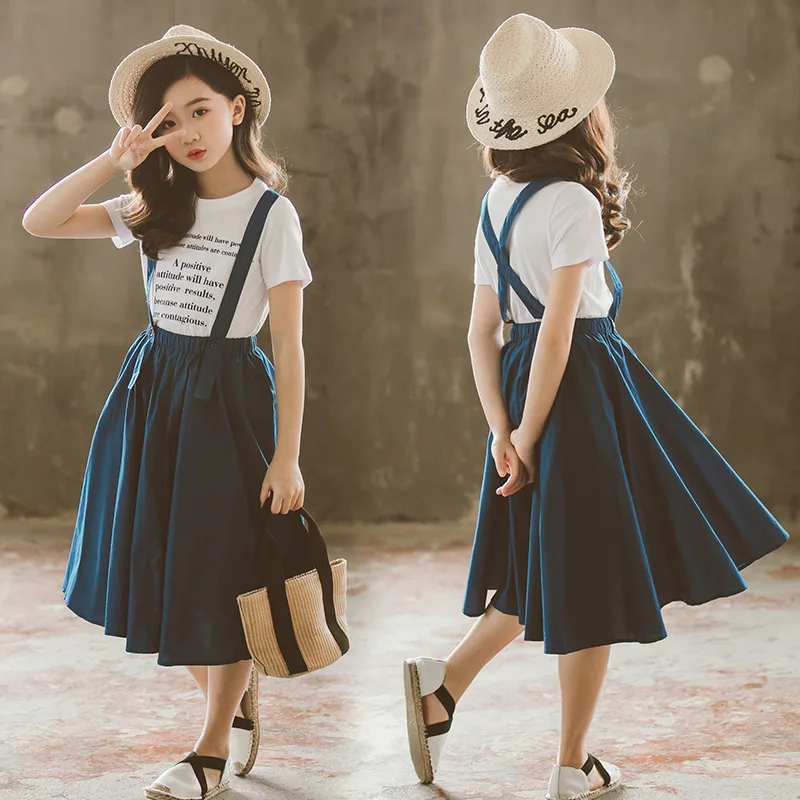 

2019 Summer Kids Fashion Girls Clothing Sets 2 pcs Letter T-Shirt & Strap Skirt Set for 8 12 Years Child Teen Girls Clothes Set