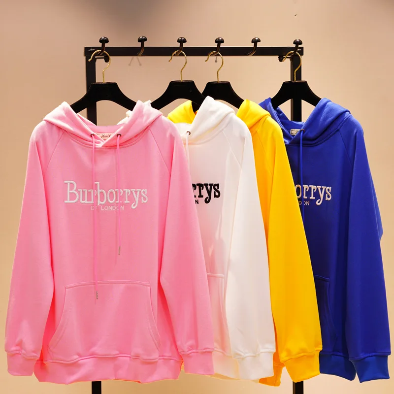 6 Colors Korean Fashion Girls Long Style Hoodies Pure Color Hooded Jumper Letter Embroidery Casual Sweatshirts