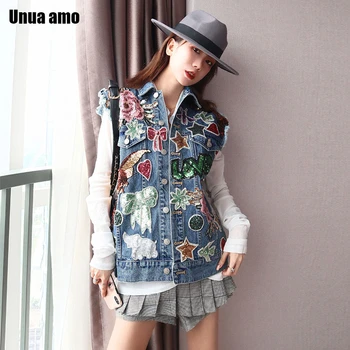 

Unua amo Streetwear Denim Vest Women Fashion Sequined Embroidery Waistcoat 2020 Spring Summer Sleeveless Jeans Jacket Female