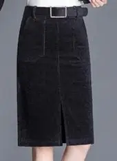 Зима Осень повседневные женские с высокой талией черные вельветовые юбки с поясом, осенние женские юбки до колена 4xl - Цвет: black