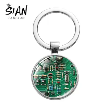 

SIAN Hot Fashion Computer Green Circuit Board Keychain Handmade Geometry Glass Cabochon Pendant Metal Keyring Men Student Gifts