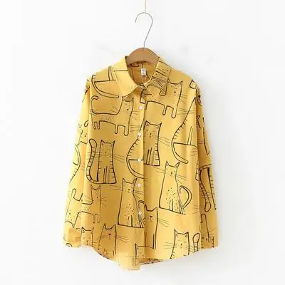 yellow Dioufond, Женская мода, отложной воротник, длинный рукав, рубашка, блузка, рубашка, милый кот, принт, свободная, повседневная, блуза, топы для девушек - Цвет: yellow