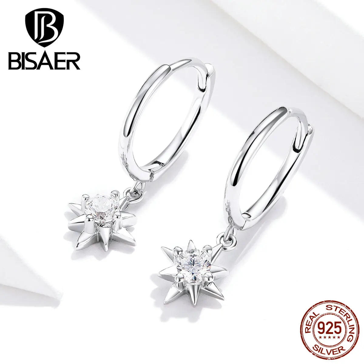 Серьги в форме звезды BISAER, 925 пробы, серебряные, светящиеся, кубический циркон, в форме звезды, серьги-гвоздики для женщин, роскошные серебряные ювелирные изделия ECE759