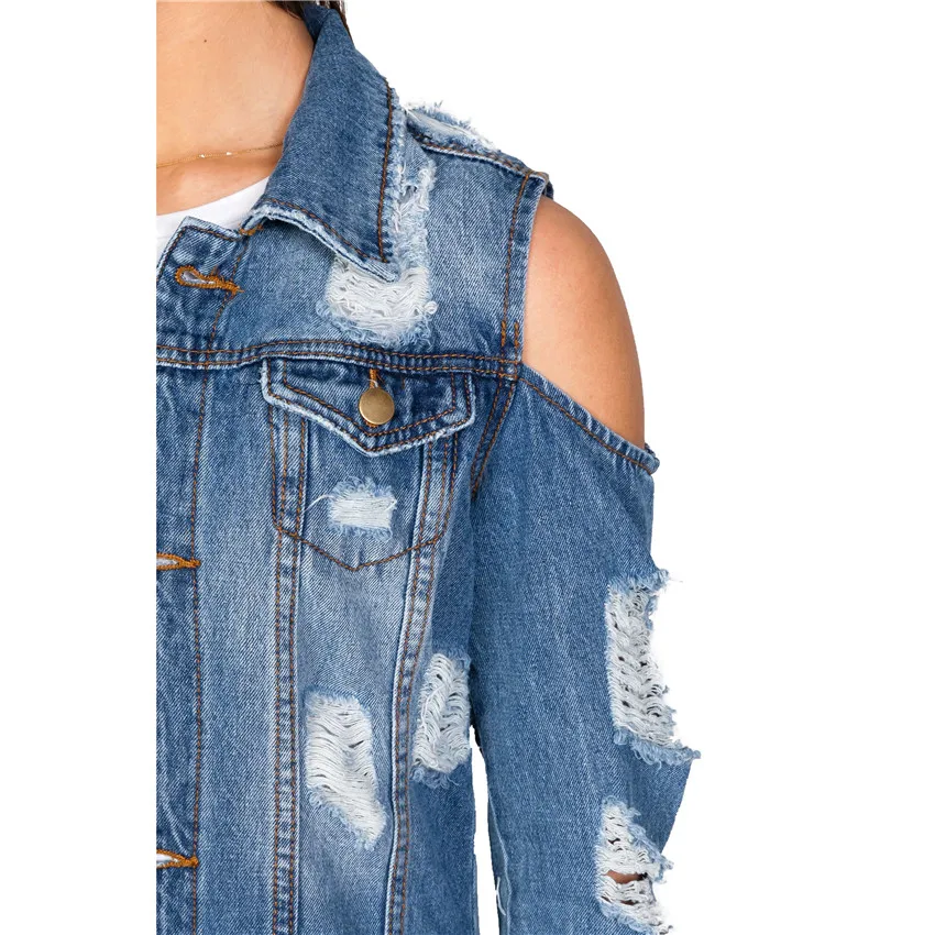 Wjustforu с открытыми плечами Сексуальная рваная джинсовая куртка для женщин с открытой спиной модное джинсовое пальто женское элегантное джинсовое пальто Vestidos