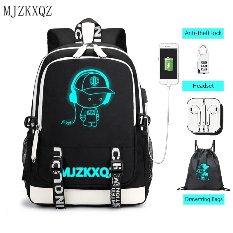 Laptop Backpack Schoolbag Fashion Music Mjzkxqz Headphone-Jack Usb-Charging Luminous