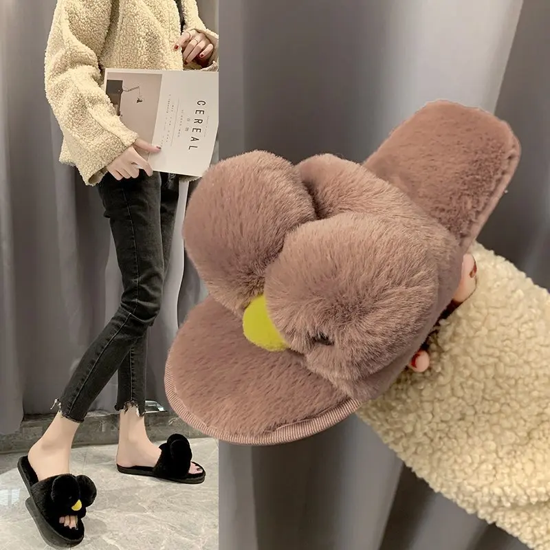 

2020 Autumn and Winter New Style Korean-style Fur Slipper Female Household Soft Anti-slip Sandals Plush Cotton Slippers Slipper