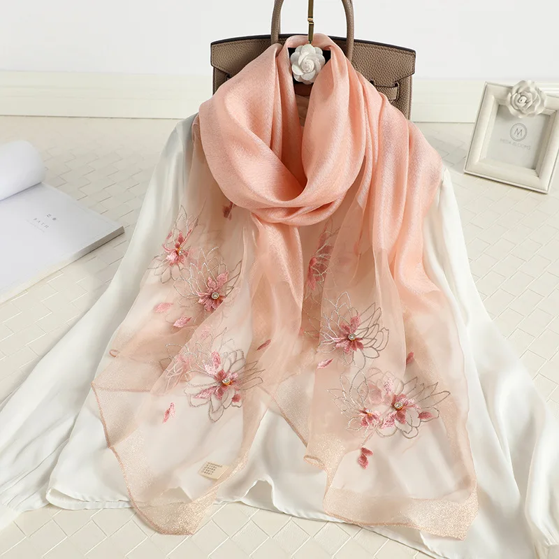 

2022 Floral Embroidery Silk Wool Scarf Luxury Women Hijab Female Foulard Pashmina Long Beach Stoles Shawl Wrap Scarves Bandana