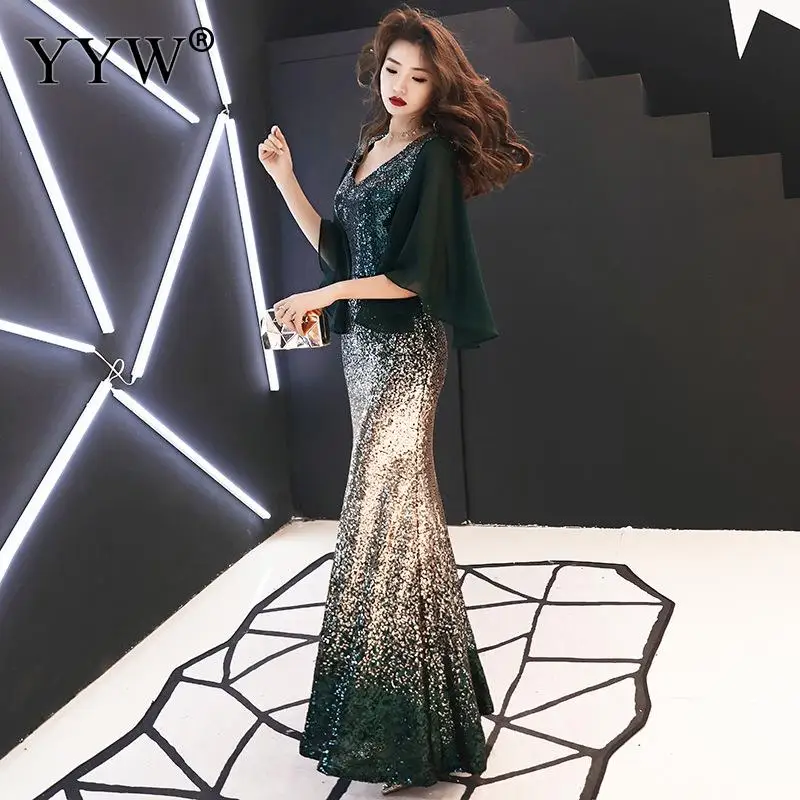 

Mermaid Party Dress 2019 New Sexy V Neck Vintage Long Evening Dress Gradient Color Sequins Gowns Elegant Ladies Formal Vestidos