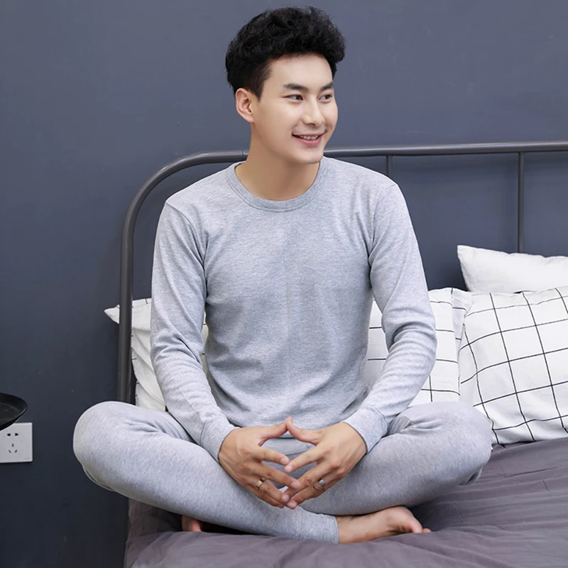 80% OFF Casual Man Underwear Middle Collar Medium Pure Color Suit Shirt + Pants 2 Piece Set Warm Thick Plus Velvet Clothes SuitPlease