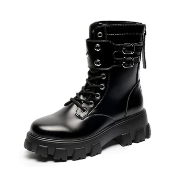 

Genuine Leather Ankle Boots Women Black Boots Woman 2020 Chaussure Femme Platform Shoes Woman Flats Metal Zipper Booties Ladies