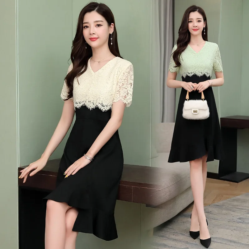 

2019 Summer New Style Mid-length Debutante Elegant Short Sleeve V-neck Lace Joint Fishtail Pendulum Mock Two-Piece Dress