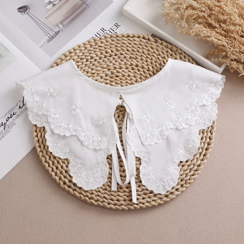Womens Hollow Out Dragonfly White False Fake Collar Lolita Jacquard Floral Lace Big Shawl Decorative Necklace Short Poncho |