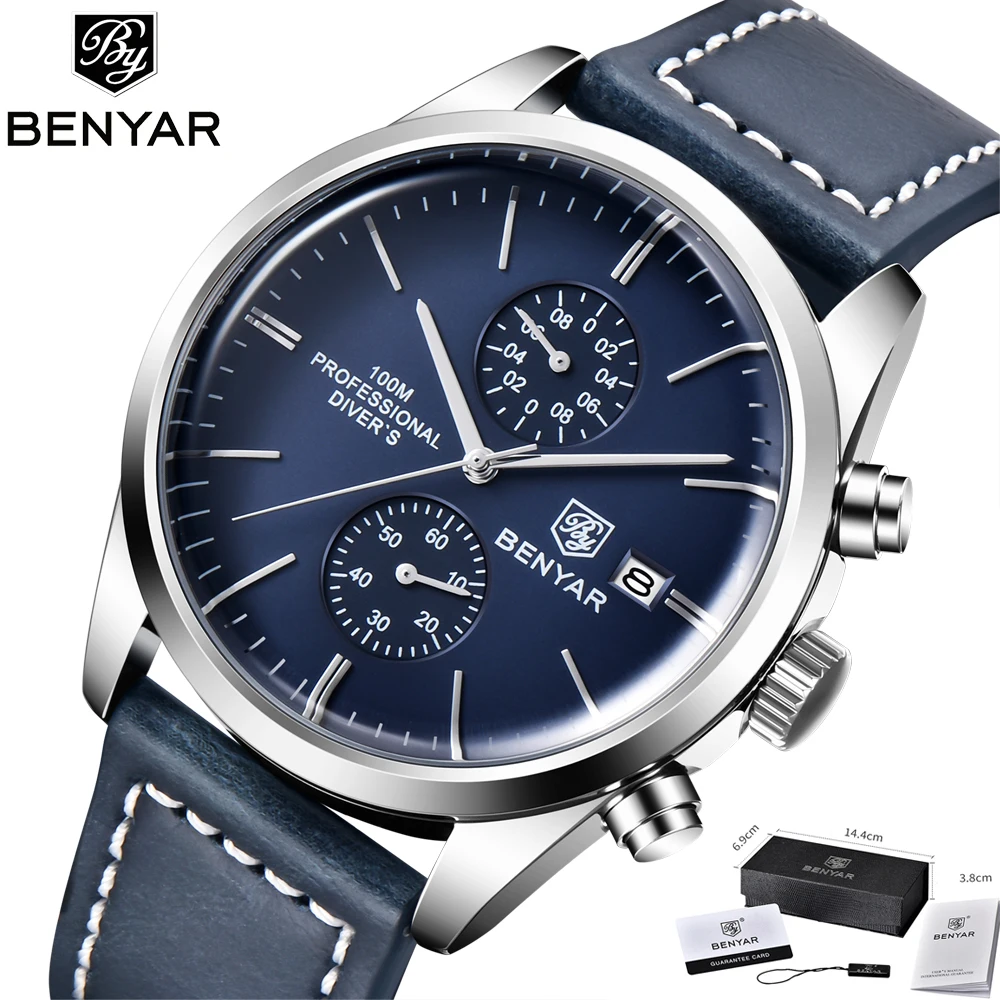 BENYAR Classic Fashion Elegant Chronograph Watch for Men 100m Waterproof Diver Mens Sports Watches Leather Quartz Wristwatch New orient sports diver черный циферблат автоматический ra aa0912b19b 200m мужские часы