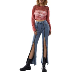 2021 nova roupa feminina botão de bolso jeans com zíper metal split hem cintura média casual festa rua solta sliming calças