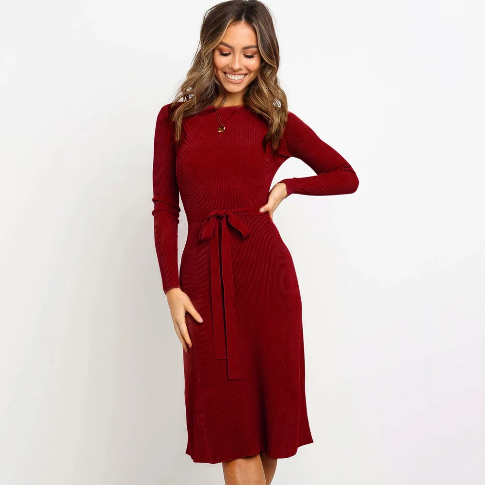 

Elegant Ladies Sweater Dress Long Sleeve O Neck Bodycon Dress Winter Women Solid Bandage Midi Dress ropa mujer vestidos