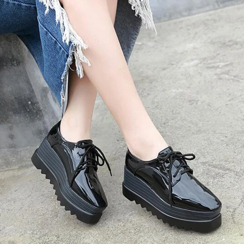 Square Toe leopard female single shoes woman wedges platform brogues creepers japanned leather lace up height increasing flats