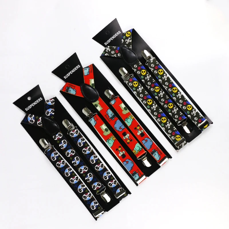 Winfox  New Adult 3 clips On Adjustable Cute Black Panda Animal Print Suspenders Braces For Men Women