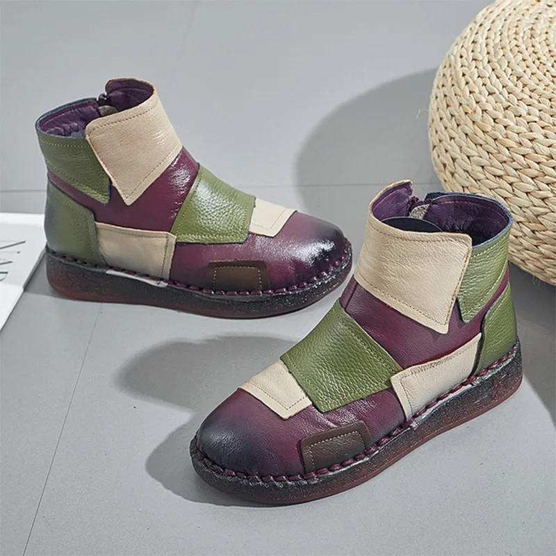 

MCCKLE Women Vintage Ankle Boots Genuine Leather Stitching Retro Autumn Ladies Soft Comfort Platform Female Winter Plush Shoes