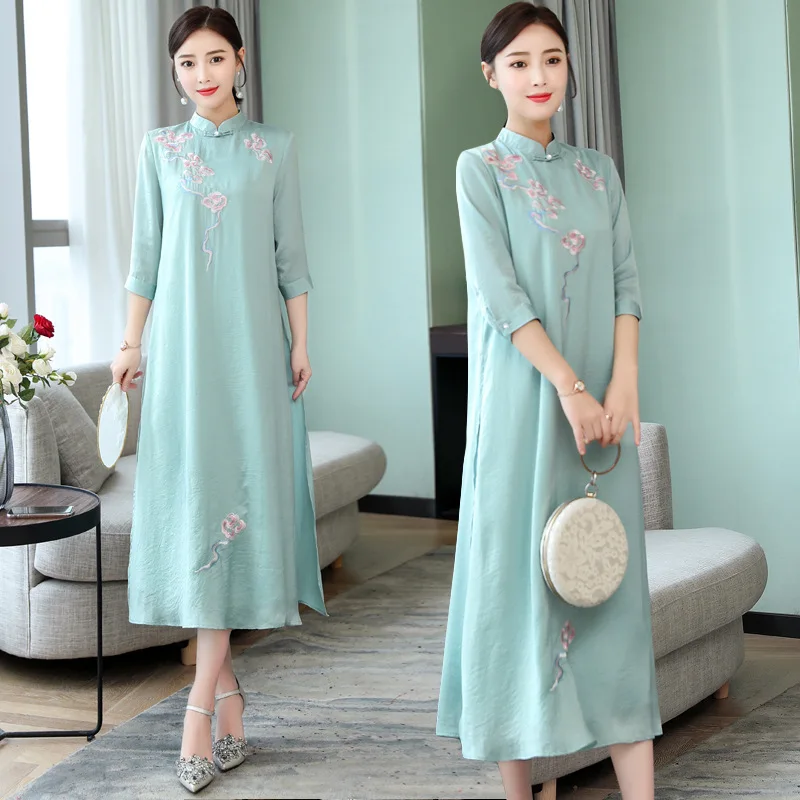 

2019 Spring And Summer New Style Chinese-style Retro Zen Tea Serving Imitated Silk Fabric Embroidery WOMEN'S Dress