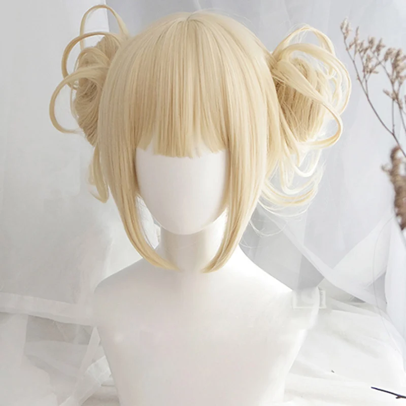 

My Boku no Hero Academia Akademia Himiko Toga Wigs Short Light Blonde Clip Buns Heat Resistant Cosplay Costume Wig + Wig Cap