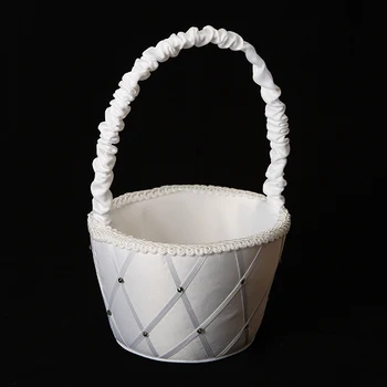 

White Color Classic Flower Basket in Satin With Rhinestones