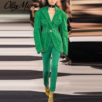 

Autumn Stylish Jacket Women's Extra Shoulder Top Stitching Contrasted Single Lion Button Denim Blazer woman clothes