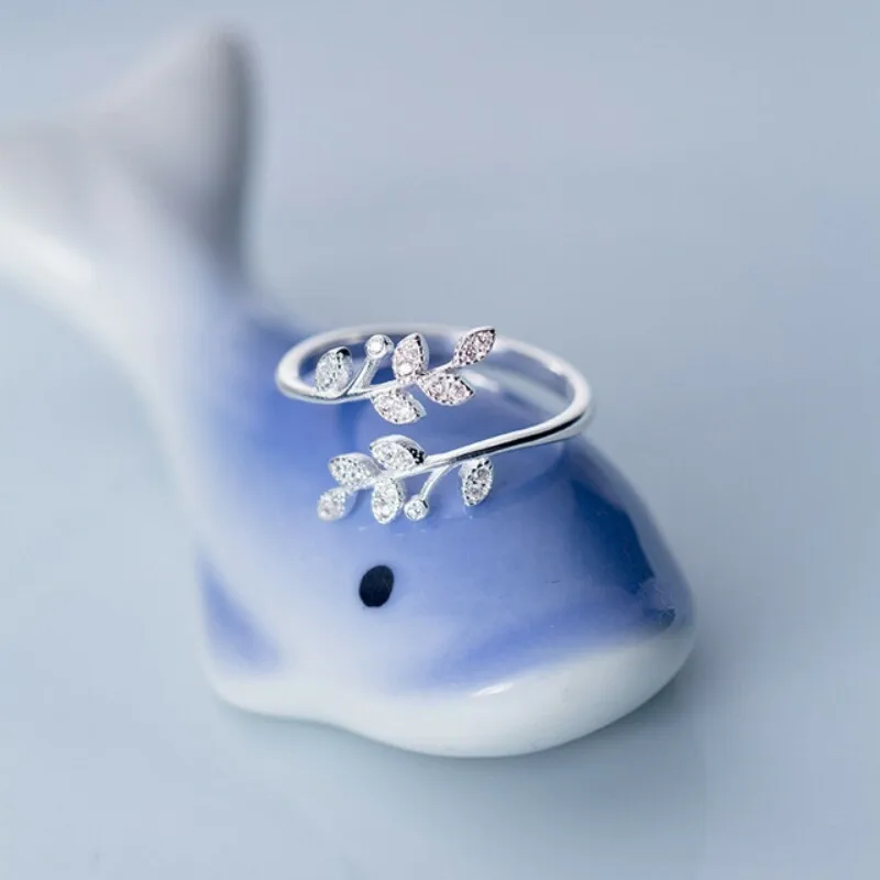 Silver Ring 925 Sterling Silver Korean Zircon Leaf Shape Female Index Finger Retro Fashion Handmade Couple Gift