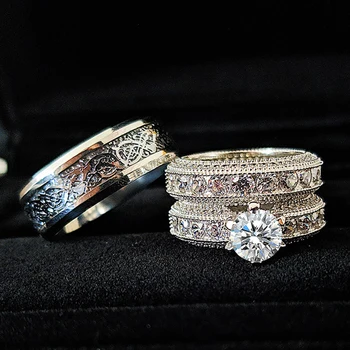

925 Sterling Silver 3pcs in 1 Couple Wedding Ring Set for Bridal Women and men Finger Gift Africa Fashion Jewelry R5299S