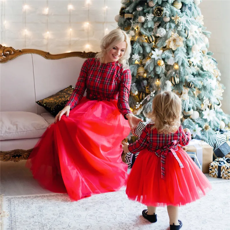 Bunvel/Рождественская Одежда «Мама и я»; платье-пачка принцессы в клетку; платье для маленьких девочек; платья с длинными рукавами для мамы и дочки; Vestidos f