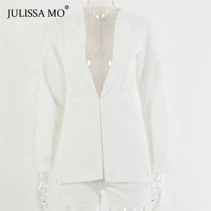 Julissa mo белый офисные женские комплекты из двух предметов для женщин сексуальный V образным вырезом оборками Блейзер топ и шорты костюмы элегантные осенние зимние наряды