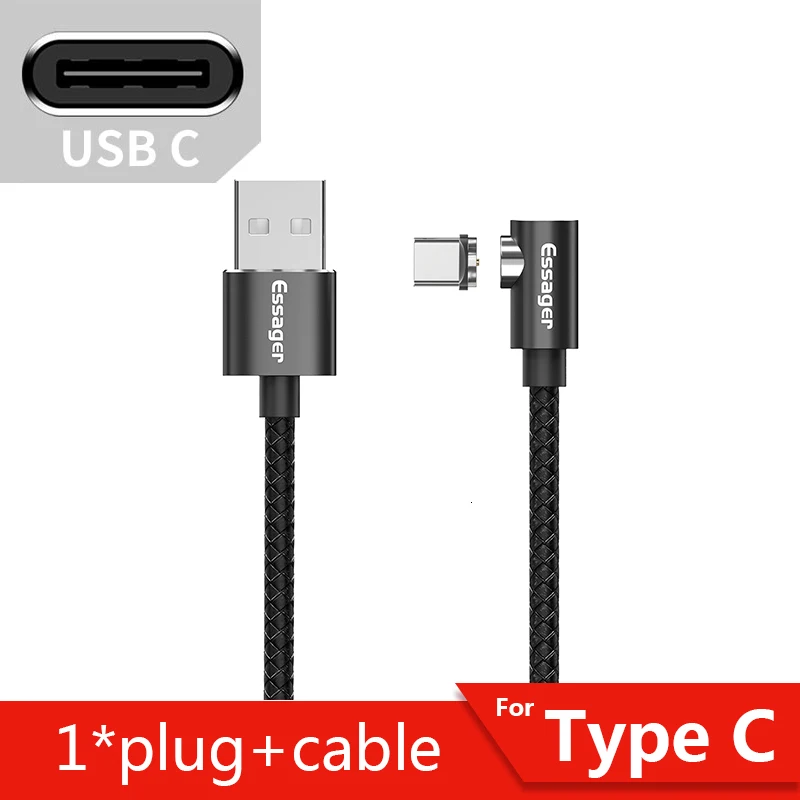 Black Type C Cable Магнитный Micro USB кабель Essager для iPhone samsung, кабель для быстрой зарядки и передачи данных, Магнитный зарядный кабель usb type-C для мобильного телефона - Цвет: Black Type C Cable