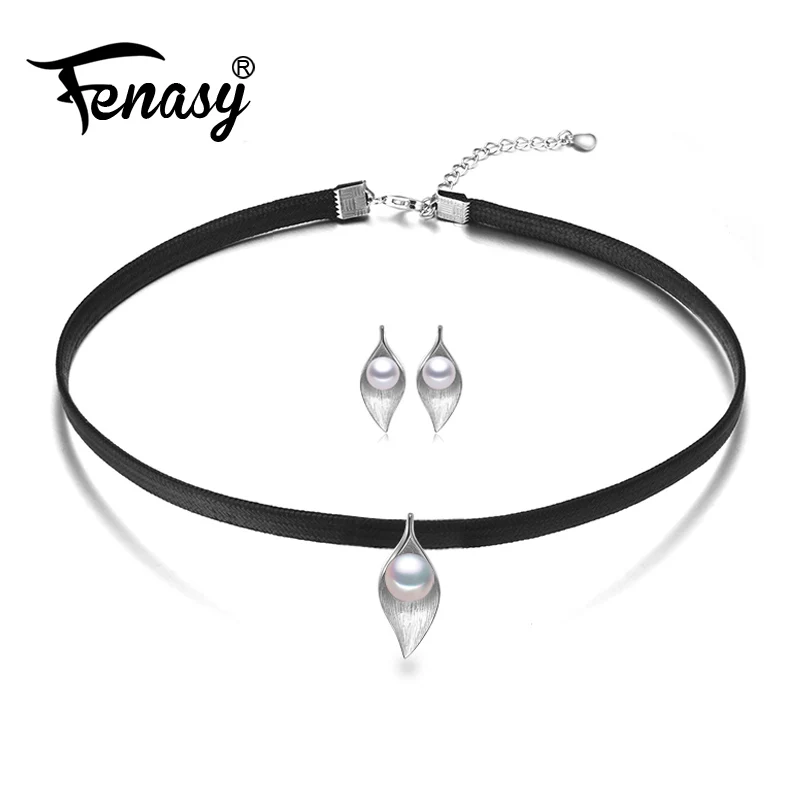 FENASY 925 Серебряное колье ожерелье натуральный пресноводный жемчуг кулон ожерелье для женщин ожерелье черный ремень в форме листа