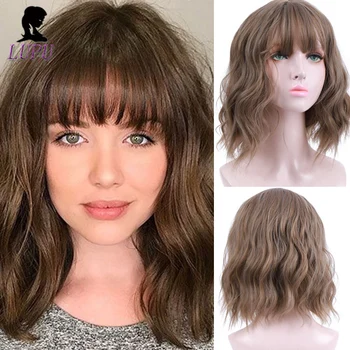 

LUPU Mix Brown Purple Pink Wigs With Bangs Shoulder Length Short Wavy Synthetic Hair For Black Women Heat Resistant Cosplay Hair
