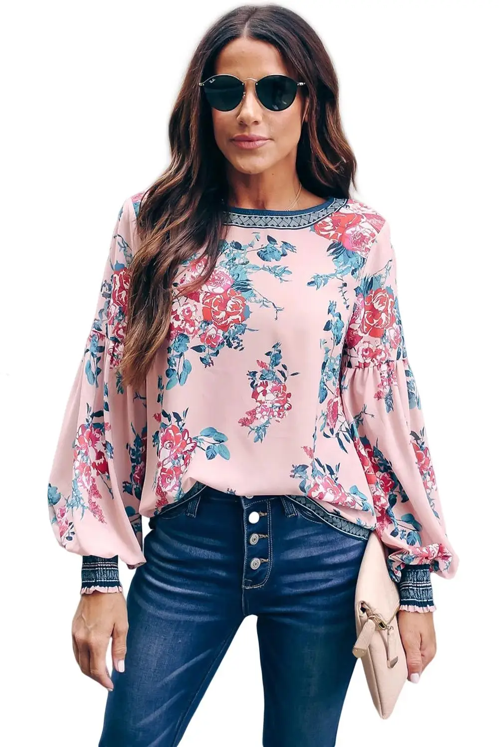 Женская разноцветная блузка с цветочным принтом длинными рукавами широким