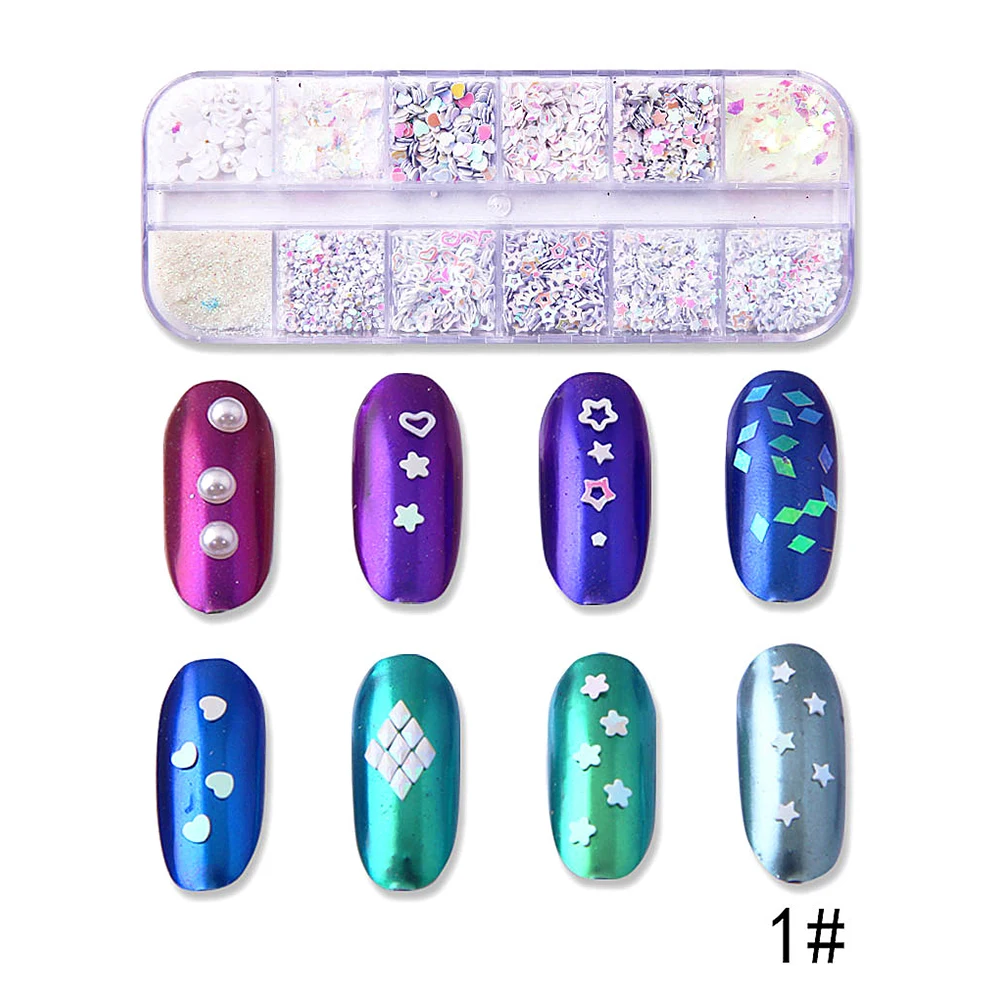 01 12 Colors/box Nail Art Holographic Sequins Glitter Flakes UV Gel Nail Polish Heart Star Self-adhesive Nail Art DIY Nail Decor - Цвет: 01