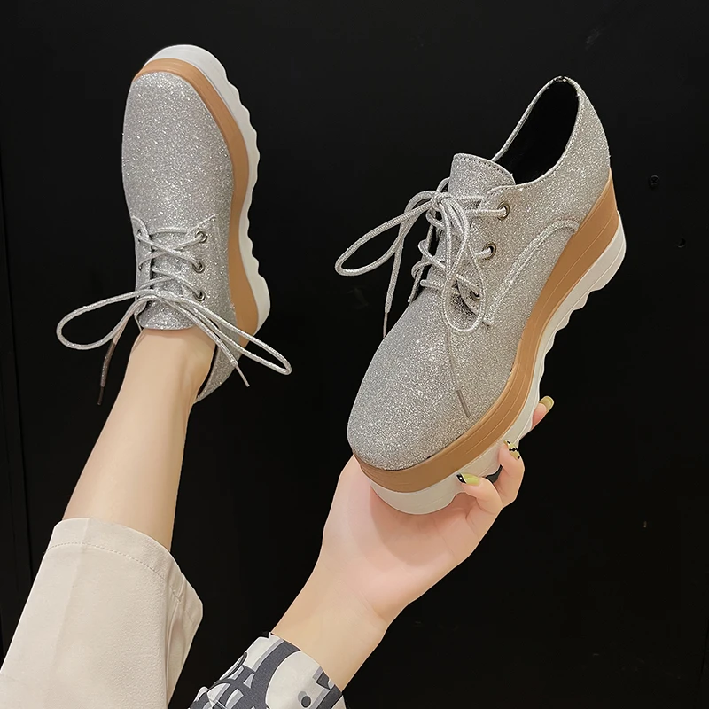 2021 New Women's Platform Shoes Pu Vulcanized Shoes Lace Up Shoes Crawling Retro Snake Pattern Light Color Sole Casual Shoes