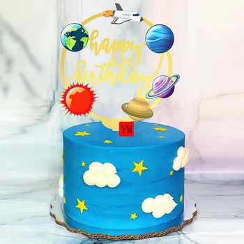 

Ins Happy Birthday Cake Topper acrylic 3D color Sun earth jupiter birthday party Cake Toppers For Baby Shower Dessert Decoration