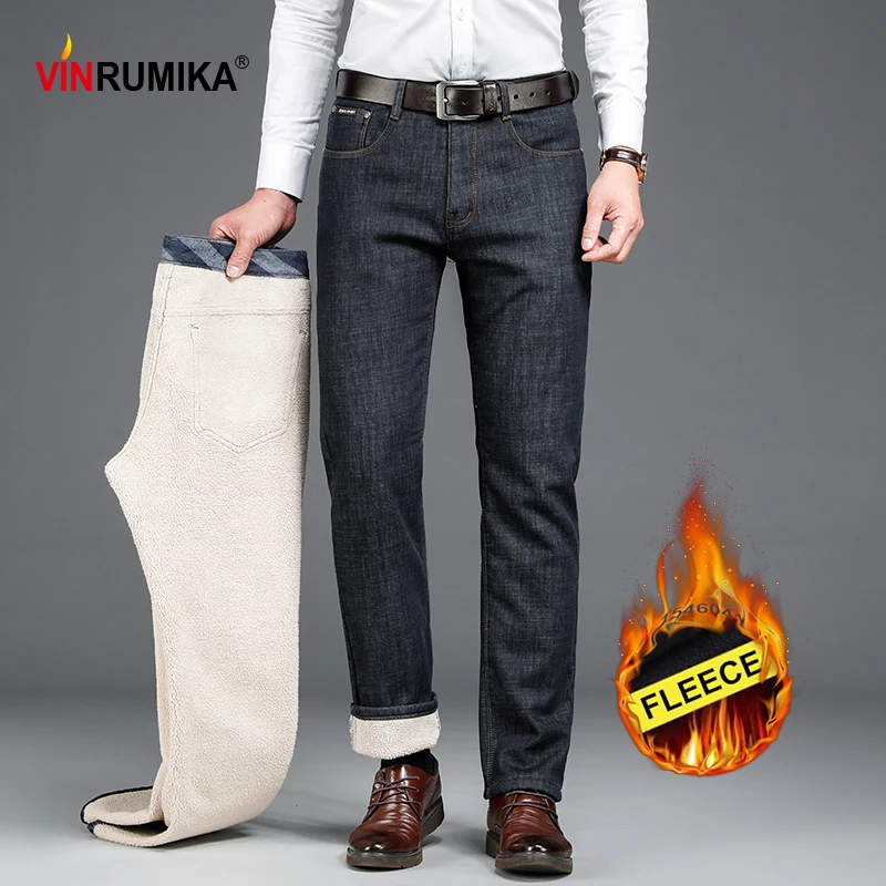 

New 2022 Men's Winter Warm Fleece Thicken Business Casual Straight Jeans Male Black Cowboy Trousers Denim Blue Cotton Long Pants