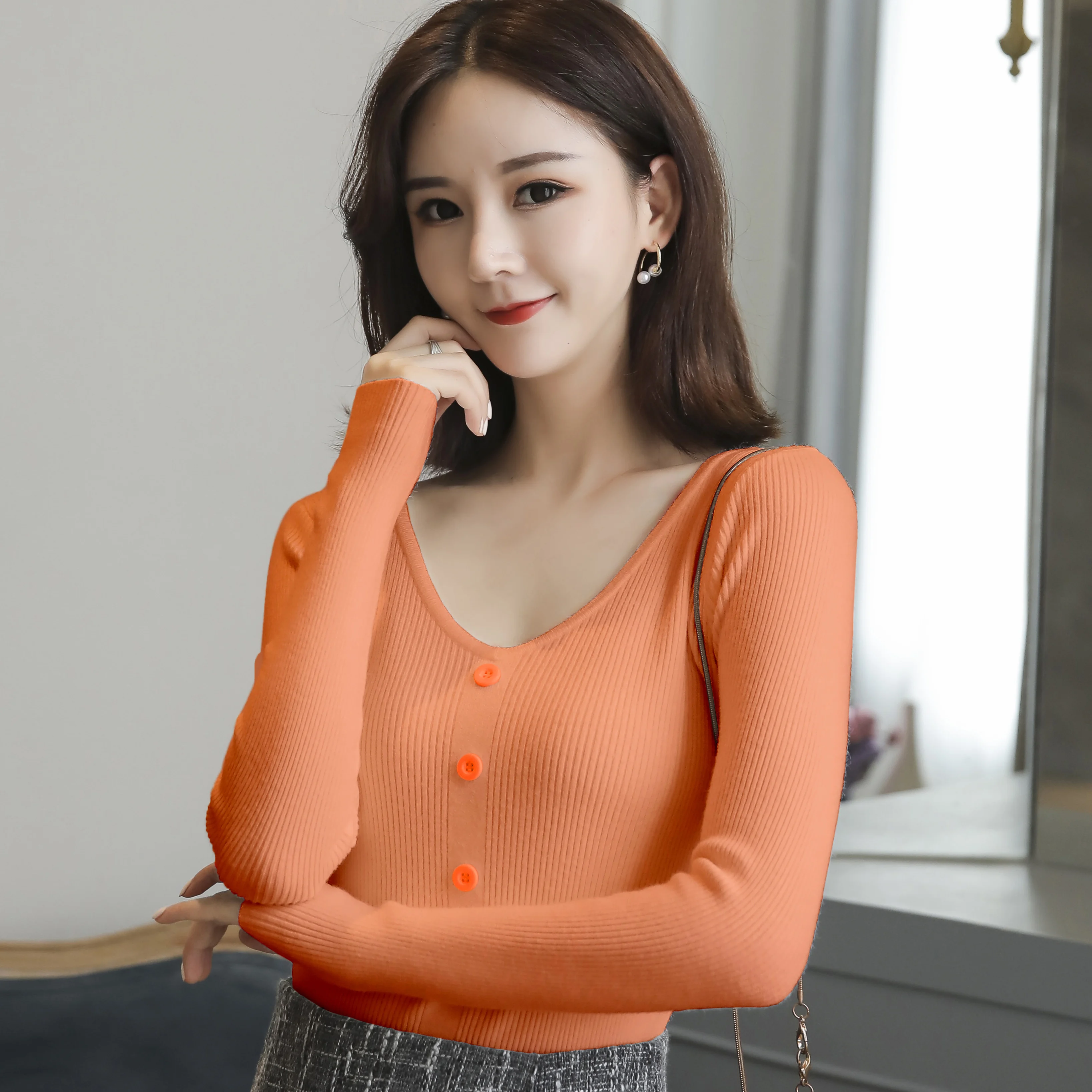Sweater Tops Autumn 2019 New Slim Long Sleeve Knitted Sweater Women's
Clothing Pink Orange V-Neck Women's Sweater Sexy Blusa 11C