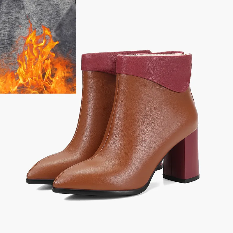 Brown with plush Xiuningyan/обувь; женские ботильоны; Лидер продаж; женские Ботинки martin из натуральной кожи на высоком каблуке с молнией сзади; модные ботинки в западном стиле - Цвет: Brown with plush