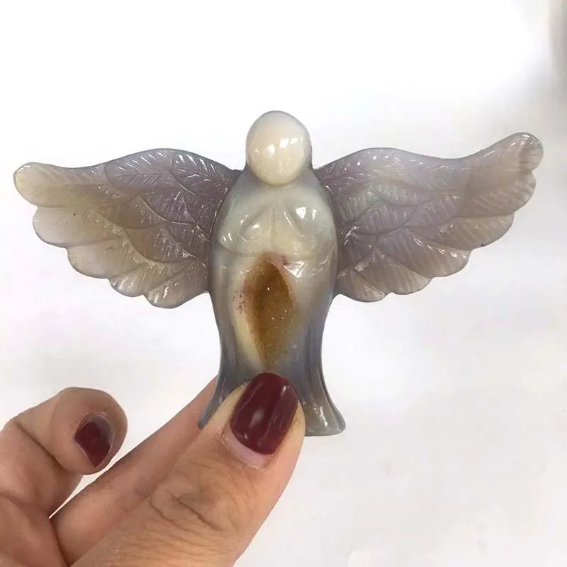 Натуральный агат Geode Angel Drusy Druse Статуэтка Кристалл кварц драгоценный камень ручной резное исцеление для украшения дома подарок xy