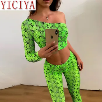 

Green Snake Print One Shoulder 2 Two Piece Matching Set Women Crop Top High Waist Long Pants 2020 Autumn Winter festival Clothes