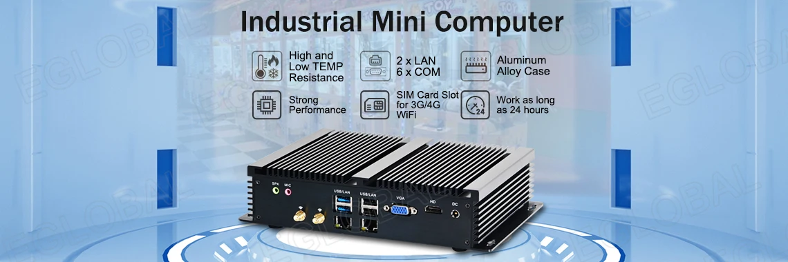 Elevate Your Operations with the Eglobal Industrial Fanless Mini PC - 6 COM, 2 LAN, Windows/Linux, Barebone System. Experience 7/24 Hours Working, 4 USB 2.0, 4 USB 3.0, and WIFI. Upgrade your industrial setup with this high-performance computing solution! Description Image.