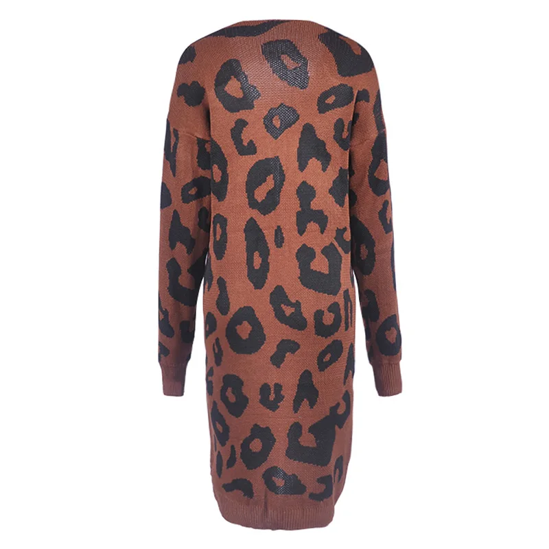 Women Long Knitted Sweater Leopard Print Long Sleeve Pocket Knitwear Outerwear Female Autumn Jumpers Tunics Long Cardigan