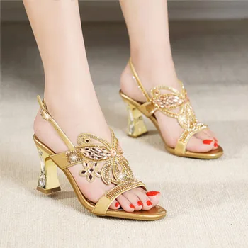 

Rhinestone sandals women's 2019 high heel coarse heel Diamond Crystal casual women's sandals