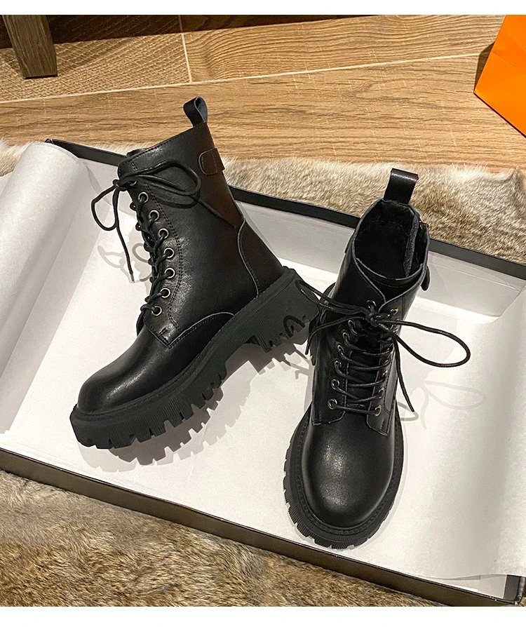 2021 NEW Autumn Black Combat Boots Women White Leather Platform Motorcycle Punk Gothic Shoes Winter Mid Calf Chelsea | Обувь