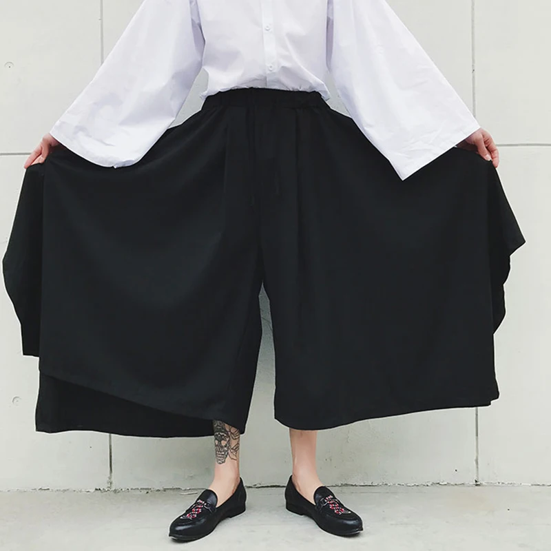 Men's trousers spring/summer super loose culottes nine minute trousers bell-bottom casual for men large black
