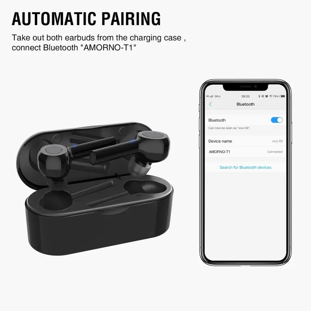 Amorno TWS T1 Bluetooth 5,0 стерео наушники TWS наушники с шумоподавлением наушники-вкладыши с микрофоном Handsfree 1000 мАч Внешний аккумулятор
