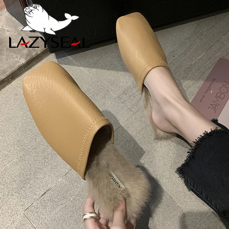 LazySeal туфли без задника с квадратным носком; женские шлепанцы; женские пушистые шлепанцы с натуральным кроличьим мехом; женские вьетнамки на плоской подошве; женские шлепанцы без задника