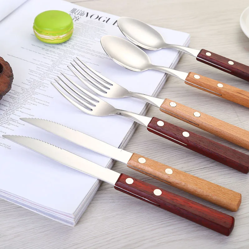 

Stainless Steel Dinner Spoon Fork Knife Tableware Metal Dinnerware Wooden Handle Cutlery Wedding Party Hotel Kitchen Accessories